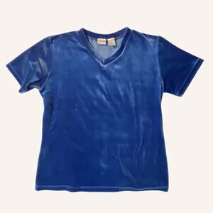 SOSTANZA shirt crushed velvet blue v neck short sleeve vintage 90s L
